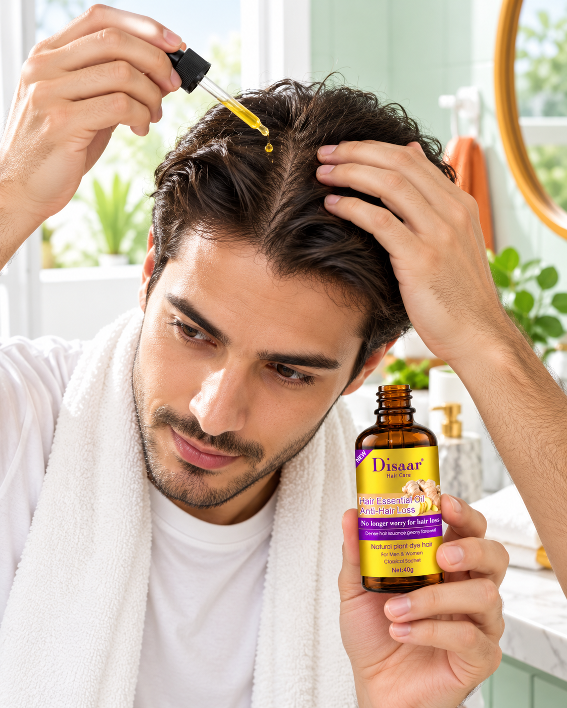 Persona aplicando aceite capilar Disaar con gotero